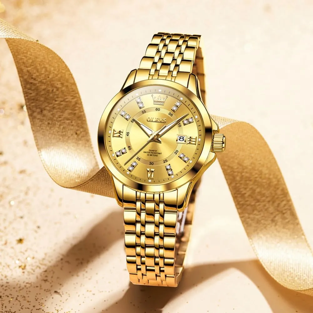 OLEVS Luxury Diamond Small Female Watches - Stainless Steel Bracelet, Waterproof Business Dress Analog Luminous Date Ladies Watches