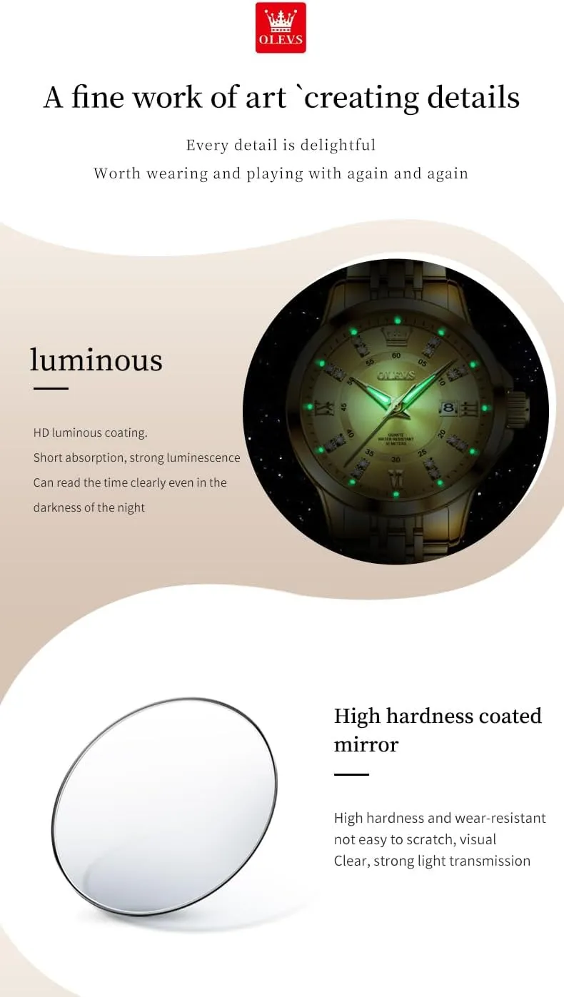 OLEVS Luxury Diamond Small Female Watches - Stainless Steel Bracelet, Waterproof Business Dress Analog Luminous Date Ladies Watches
