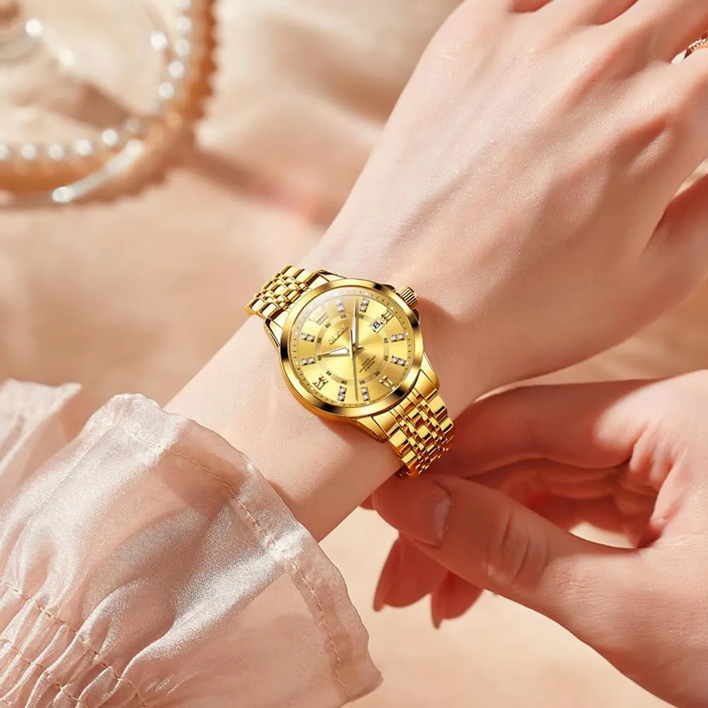 OLEVS Luxury Diamond Small Female Watches - Stainless Steel Bracelet, Waterproof Business Dress Analog Luminous Date Ladies Watches