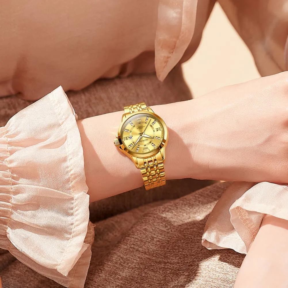 OLEVS Luxury Diamond Small Female Watches - Stainless Steel Bracelet, Waterproof Business Dress Analog Luminous Date Ladies Watches