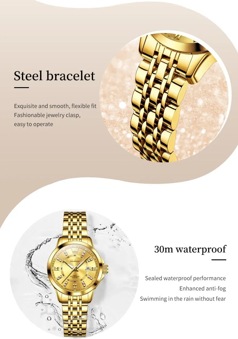 OLEVS Luxury Diamond Small Female Watches - Stainless Steel Bracelet, Waterproof Business Dress Analog Luminous Date Ladies Watches