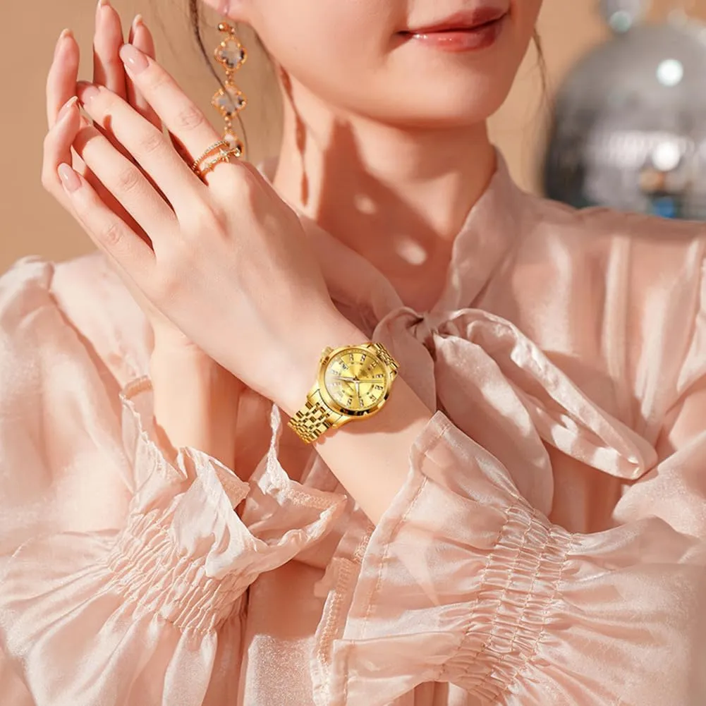 OLEVS Luxury Diamond Small Female Watches - Stainless Steel Bracelet, Waterproof Business Dress Analog Luminous Date Ladies Watches