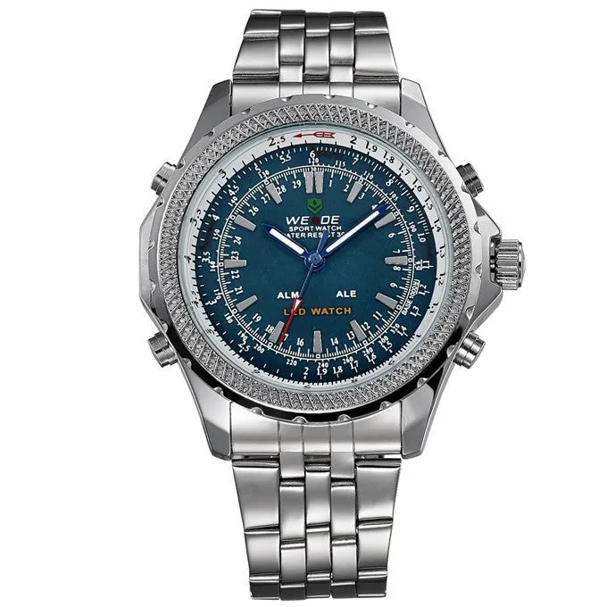 Original WEIDE Men Military Sports LED Digital Watch 2 Time Zone Quartz 3ATM Waterproof Full Steel Dress Men Wristwatches