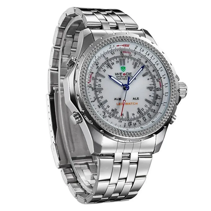 Original WEIDE Men Military Sports LED Digital Watch 2 Time Zone Quartz 3ATM Waterproof Full Steel Dress Men Wristwatches