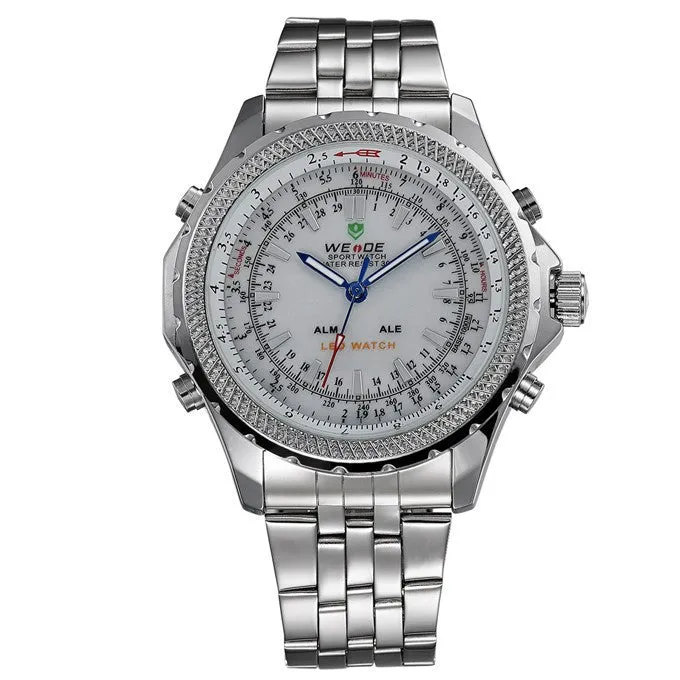 Original WEIDE Men Military Sports LED Digital Watch 2 Time Zone Quartz 3ATM Waterproof Full Steel Dress Men Wristwatches