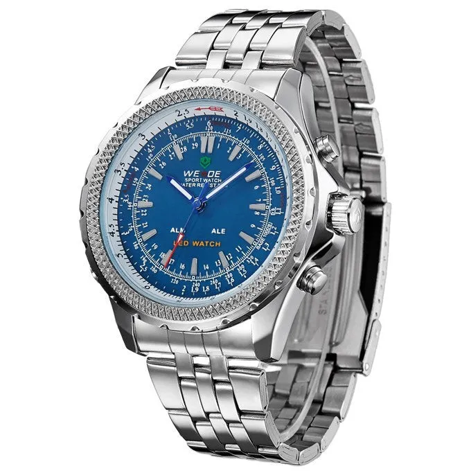 Original WEIDE Men Military Sports LED Digital Watch 2 Time Zone Quartz 3ATM Waterproof Full Steel Dress Men Wristwatches