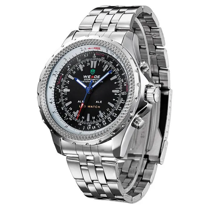 Original WEIDE Men Military Sports LED Digital Watch 2 Time Zone Quartz 3ATM Waterproof Full Steel Dress Men Wristwatches