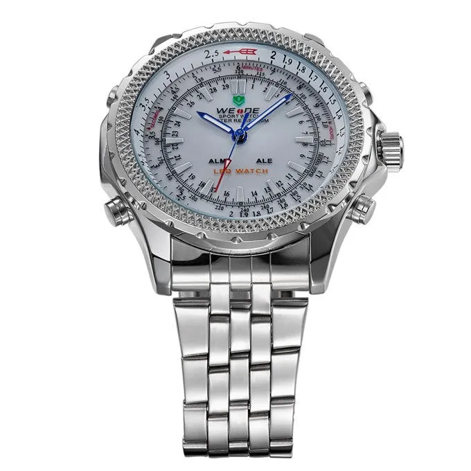 Original WEIDE Men Military Sports LED Digital Watch 2 Time Zone Quartz 3ATM Waterproof Full Steel Dress Men Wristwatches