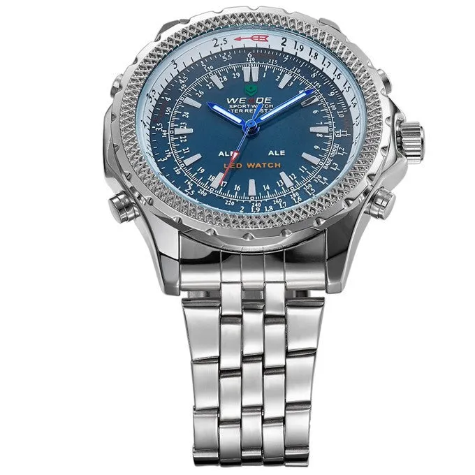 Original WEIDE Men Military Sports LED Digital Watch 2 Time Zone Quartz 3ATM Waterproof Full Steel Dress Men Wristwatches