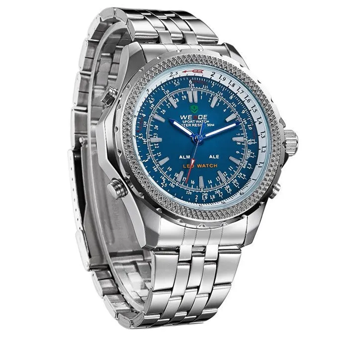 Original WEIDE Men Military Sports LED Digital Watch 2 Time Zone Quartz 3ATM Waterproof Full Steel Dress Men Wristwatches
