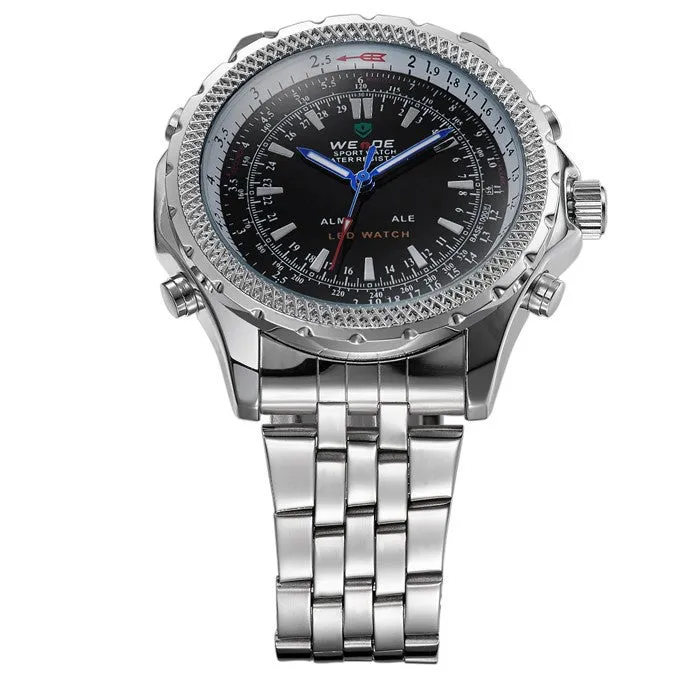 Original WEIDE Men Military Sports LED Digital Watch 2 Time Zone Quartz 3ATM Waterproof Full Steel Dress Men Wristwatches