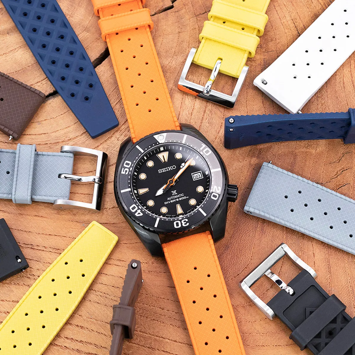 Quick Release Orange Tropical-Style Pro FKM rubber watch strap, 20mm or 22mm