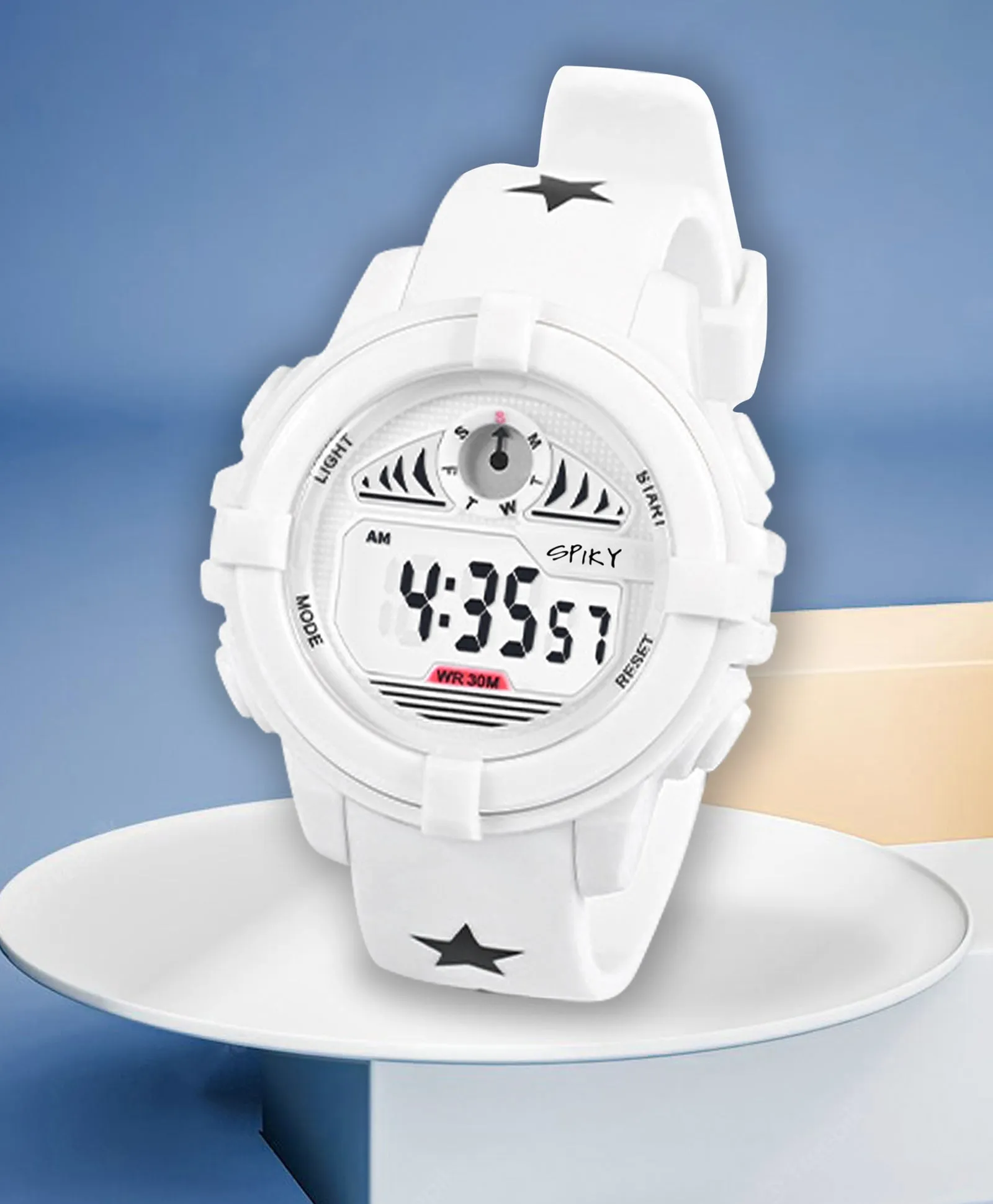 Spiky Round Digital Sports Watch - White