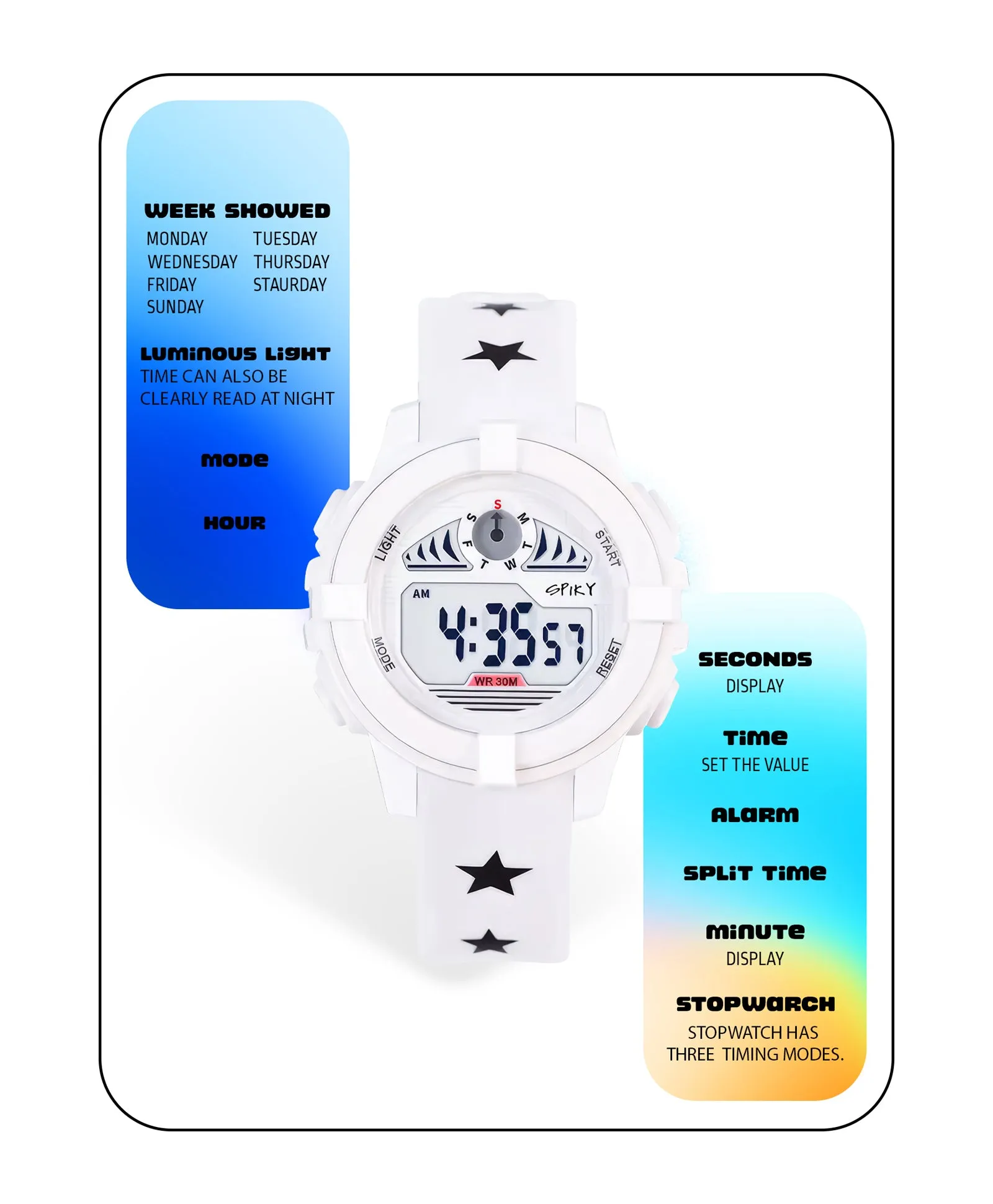 Spiky Round Digital Sports Watch - White
