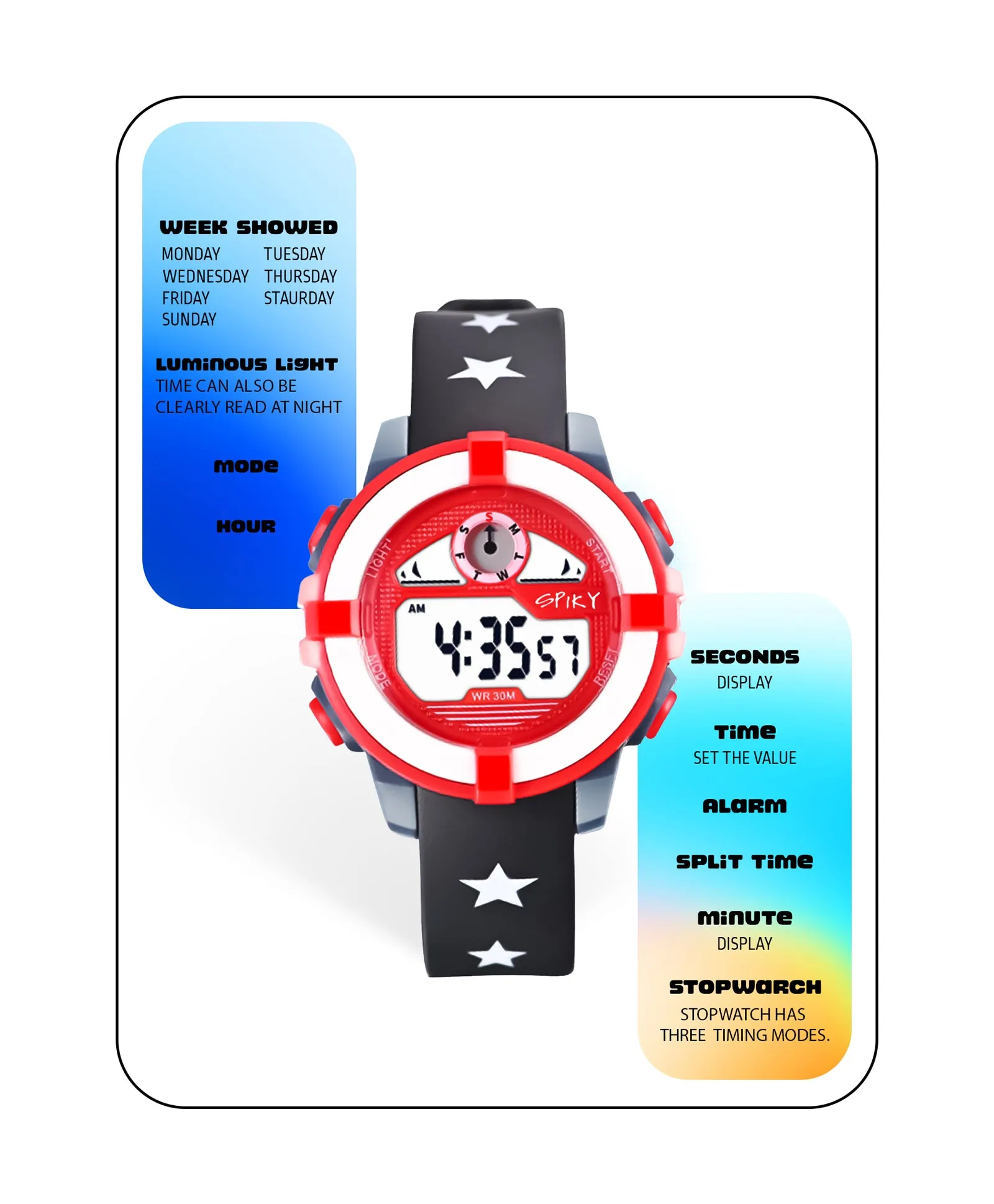 Spiky Round Digital Sports Watch - White