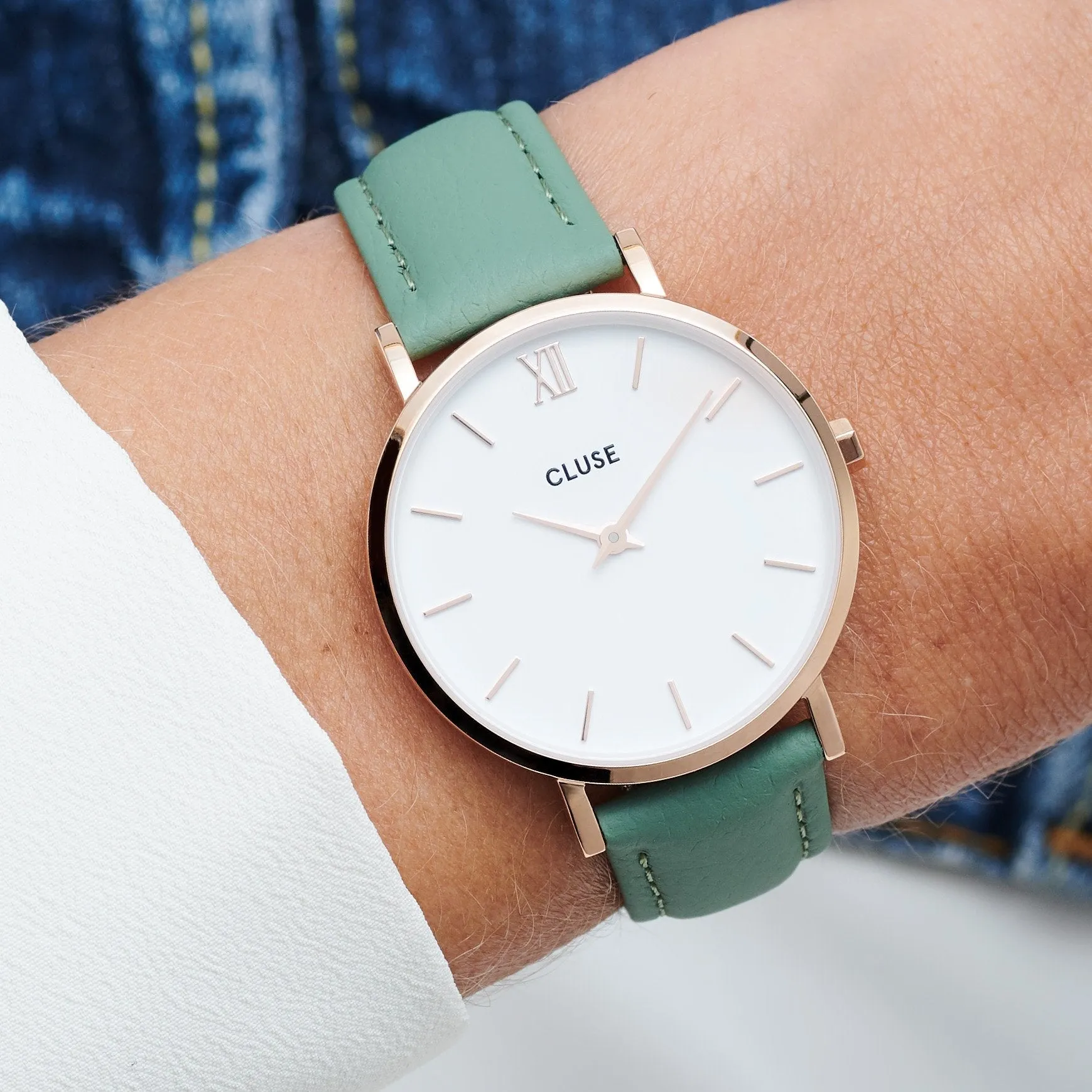 Strap 16 mm Leather Green, Rose Gold Colour