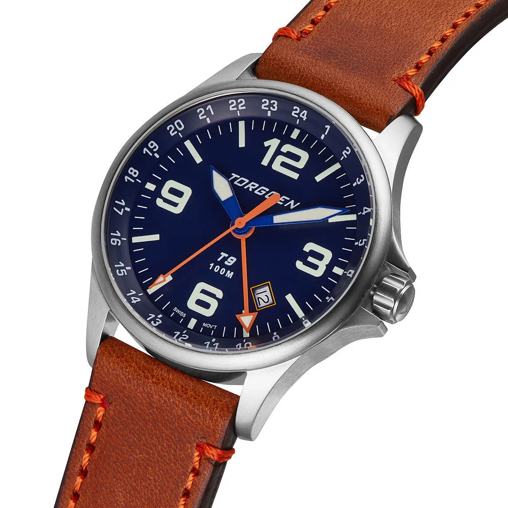 T9 Bluebird Sapphire GMT | 42mm, Brown Leather Strap