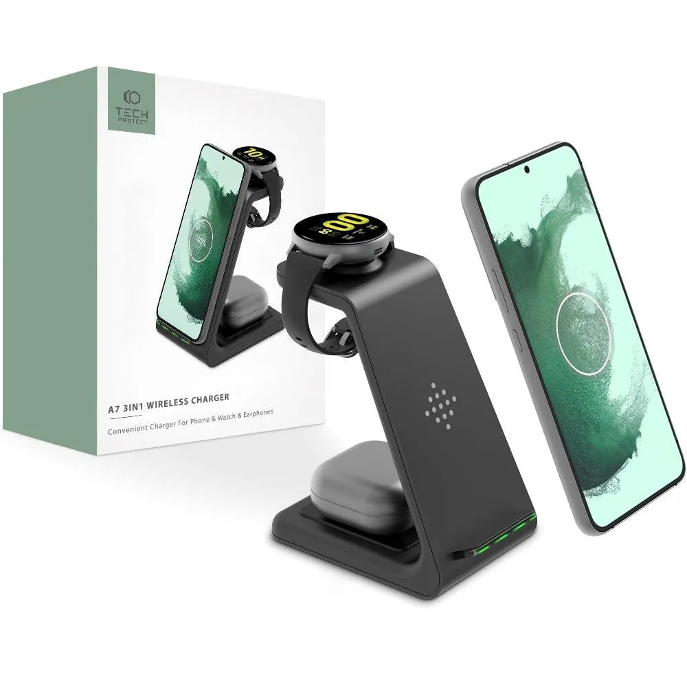 Tech-Protect A7 3-in-1 Trådløs Oplader Til Android m. Lys 18W - Sort