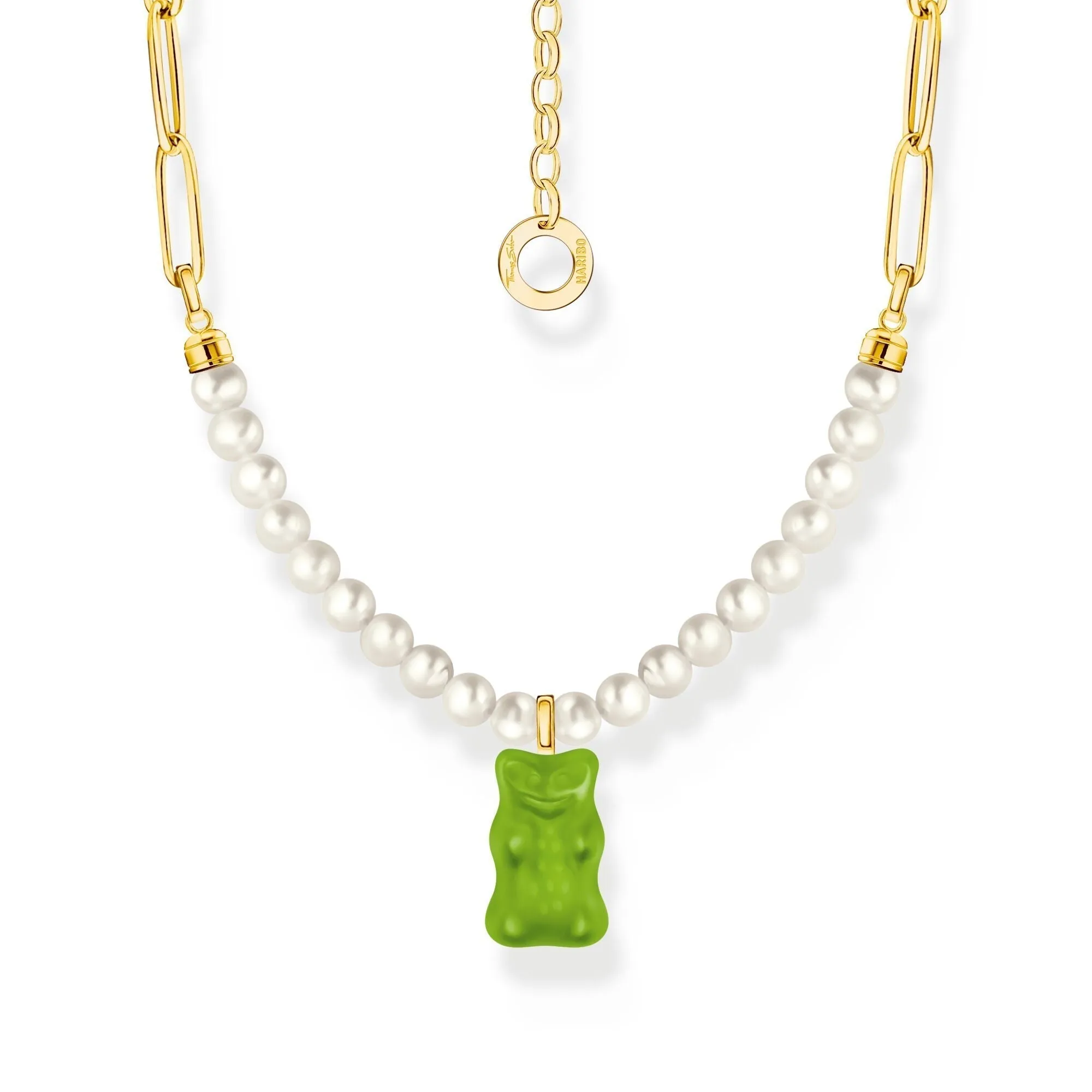 THOMAS SABO Link necklace with green goldbears & freshwater pearls