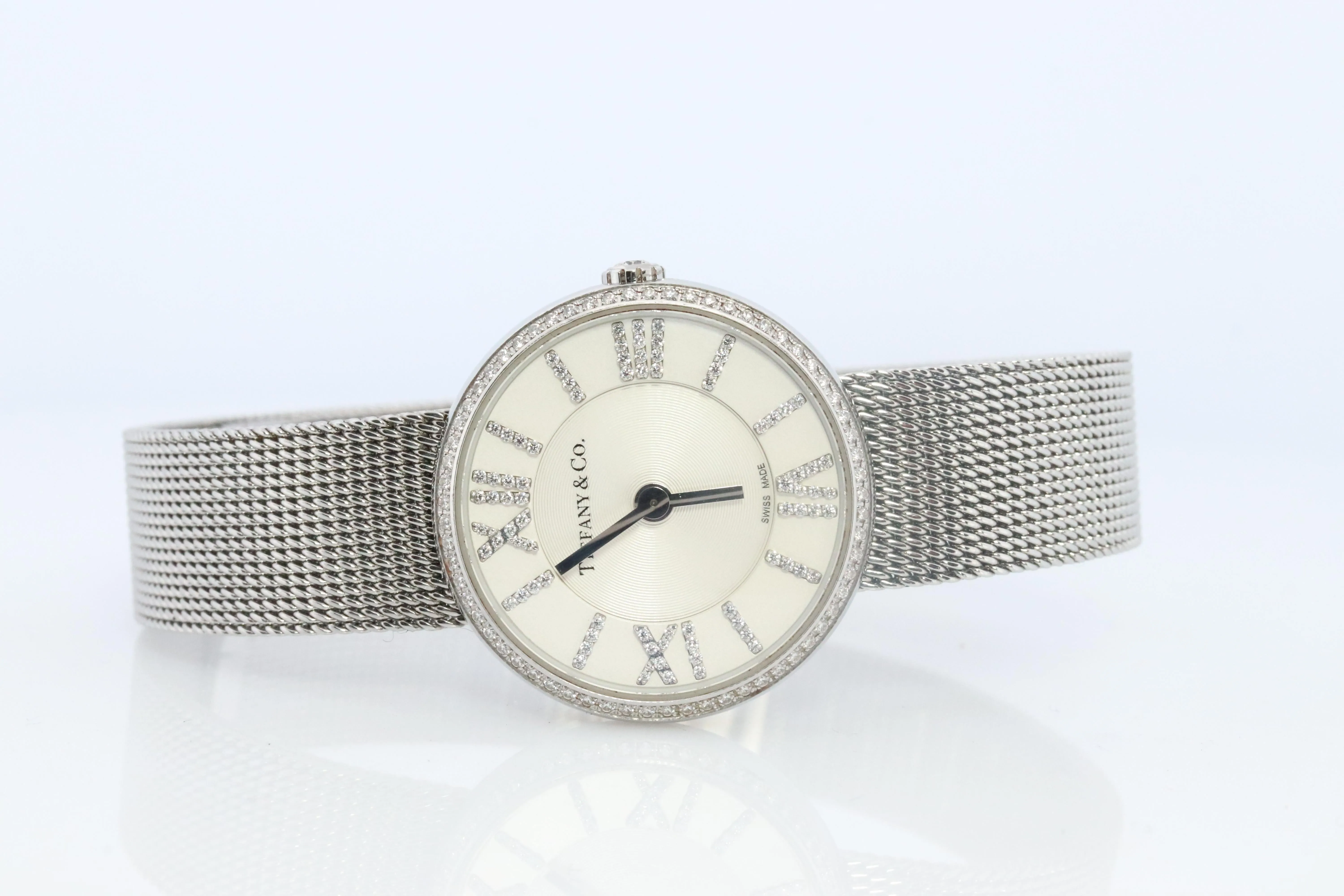 Tiffany and Co Diamond Watch. Tiffany Atlas Diamond Bezel 24mm Ladies Watch.