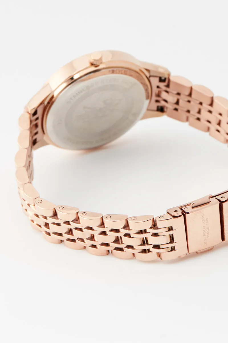 US POLO WOMEN'S STAINLESS STEEL BAND WITH ROSE GOLD PLATING BUCKLE