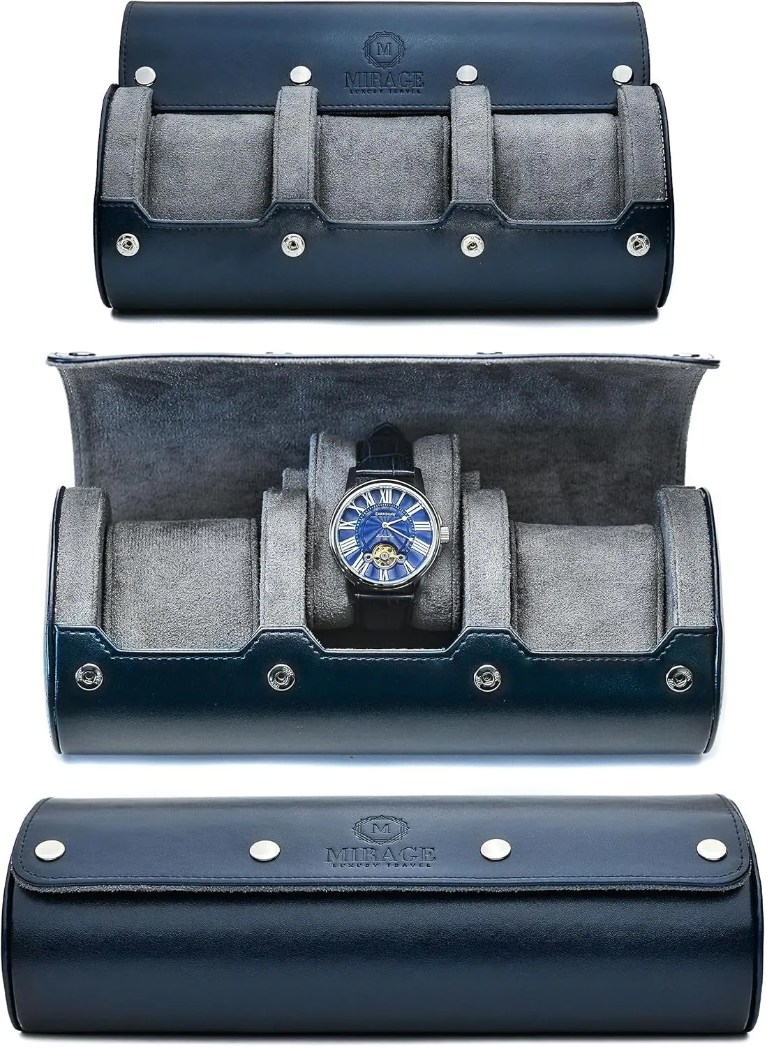 Watch Case Travel Organizer - Watch Roll Case - 3 Watch Case Display Storage - Watches Accessory Gift - Midnight Blue Vegan Leather