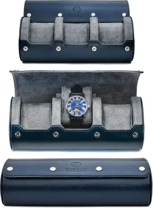Watch Case Travel Organizer - Watch Roll Case - 3 Watch Case Display Storage - Watches Accessory Gift - Midnight Blue Vegan Leather