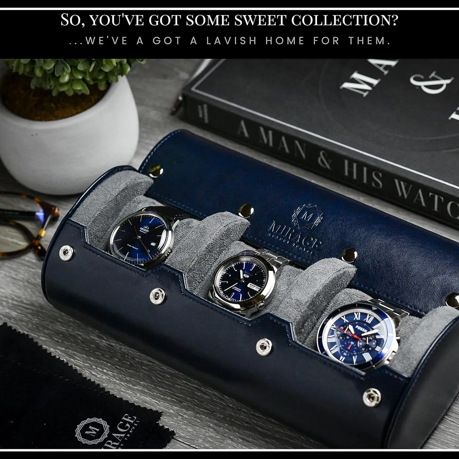 Watch Case Travel Organizer - Watch Roll Case - 3 Watch Case Display Storage - Watches Accessory Gift - Midnight Blue Vegan Leather