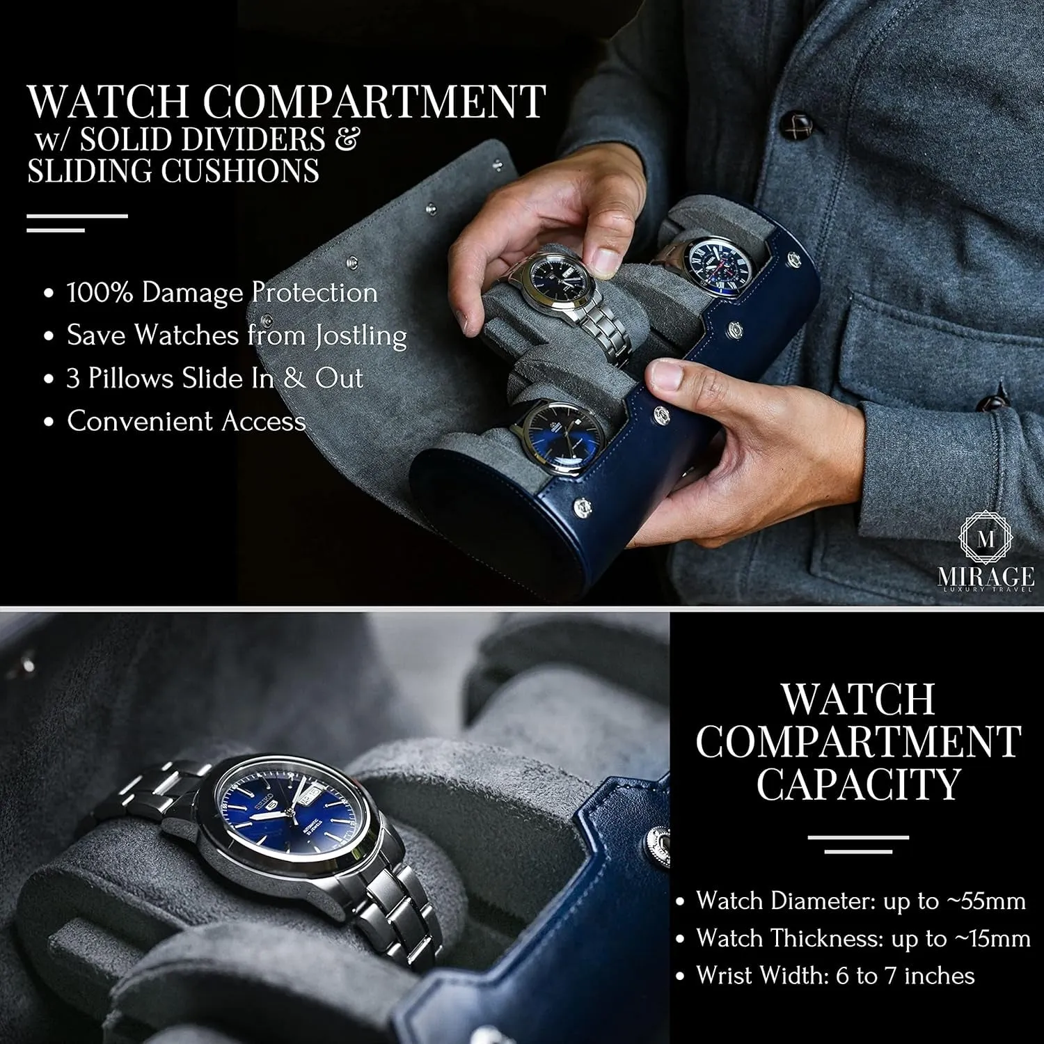 Watch Case Travel Organizer - Watch Roll Case - 3 Watch Case Display Storage - Watches Accessory Gift - Midnight Blue Vegan Leather