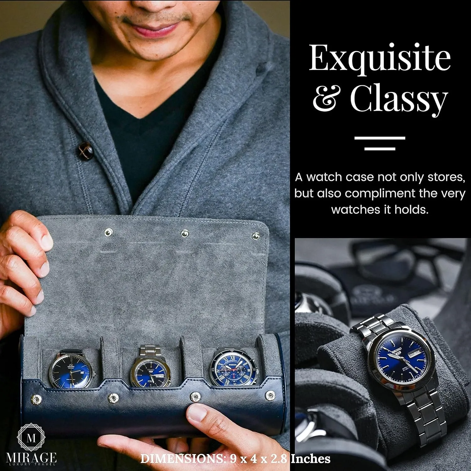 Watch Case Travel Organizer - Watch Roll Case - 3 Watch Case Display Storage - Watches Accessory Gift - Midnight Blue Vegan Leather
