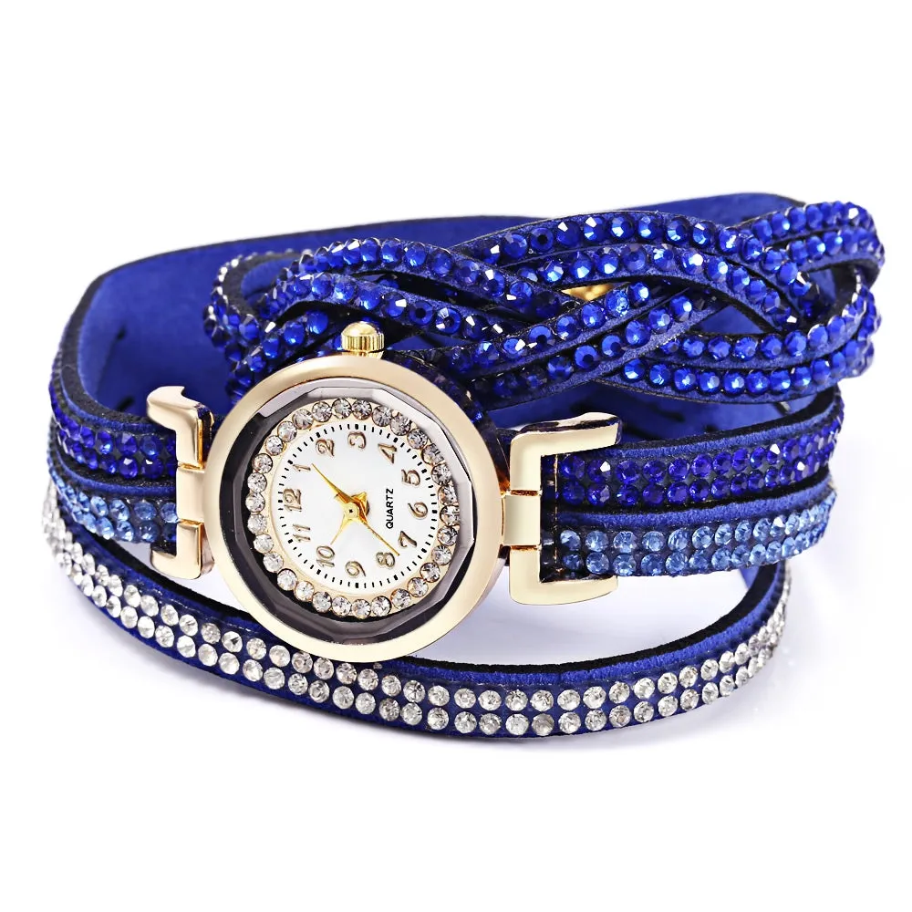 Women Bracelet Quartz Wrist Watch Round Shaped Rhinestone Decorated Fastener Stainless Steel Leather Band