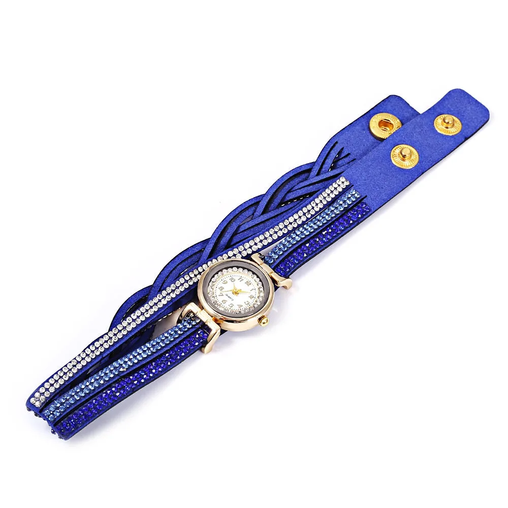 Women Bracelet Quartz Wrist Watch Round Shaped Rhinestone Decorated Fastener Stainless Steel Leather Band