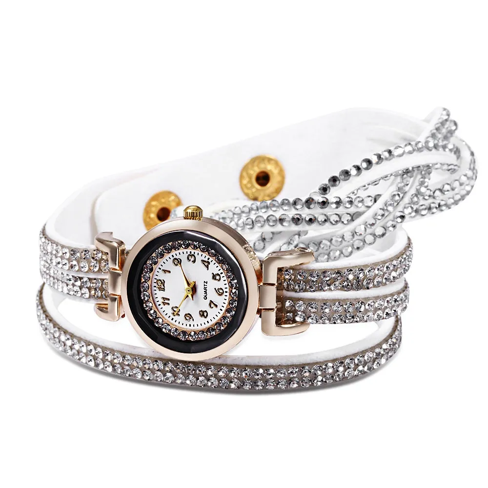 Women Bracelet Quartz Wrist Watch Round Shaped Rhinestone Decorated Fastener Stainless Steel Leather Band