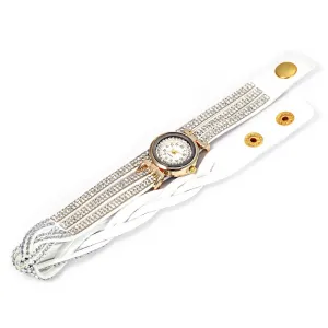 Women Bracelet Quartz Wrist Watch Round Shaped Rhinestone Decorated Fastener Stainless Steel Leather Band