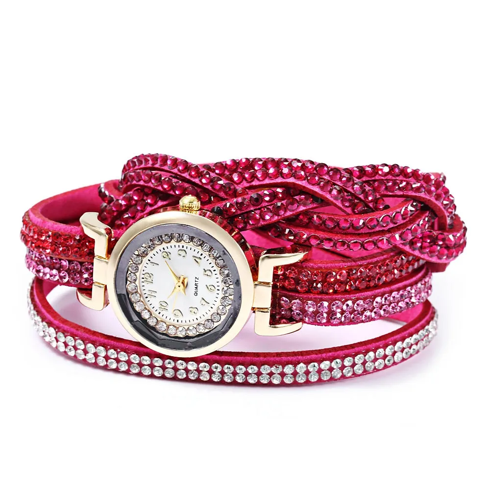 Women Bracelet Quartz Wrist Watch Round Shaped Rhinestone Decorated Fastener Stainless Steel Leather Band