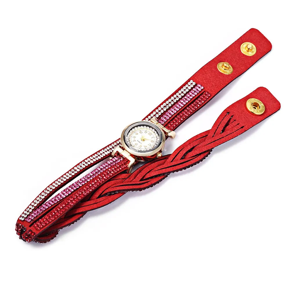Women Bracelet Quartz Wrist Watch Round Shaped Rhinestone Decorated Fastener Stainless Steel Leather Band