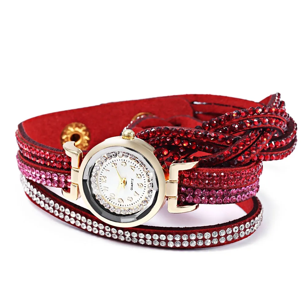 Women Bracelet Quartz Wrist Watch Round Shaped Rhinestone Decorated Fastener Stainless Steel Leather Band