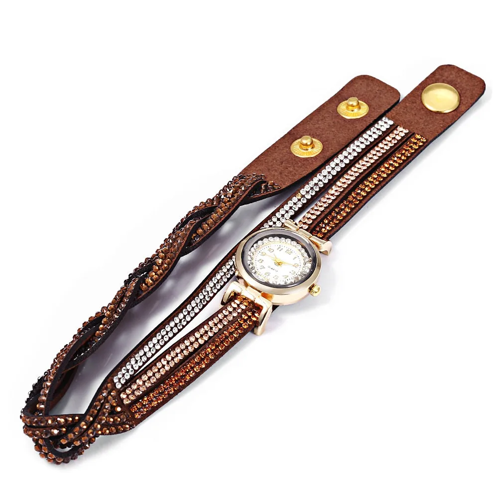 Women Bracelet Quartz Wrist Watch Round Shaped Rhinestone Decorated Fastener Stainless Steel Leather Band