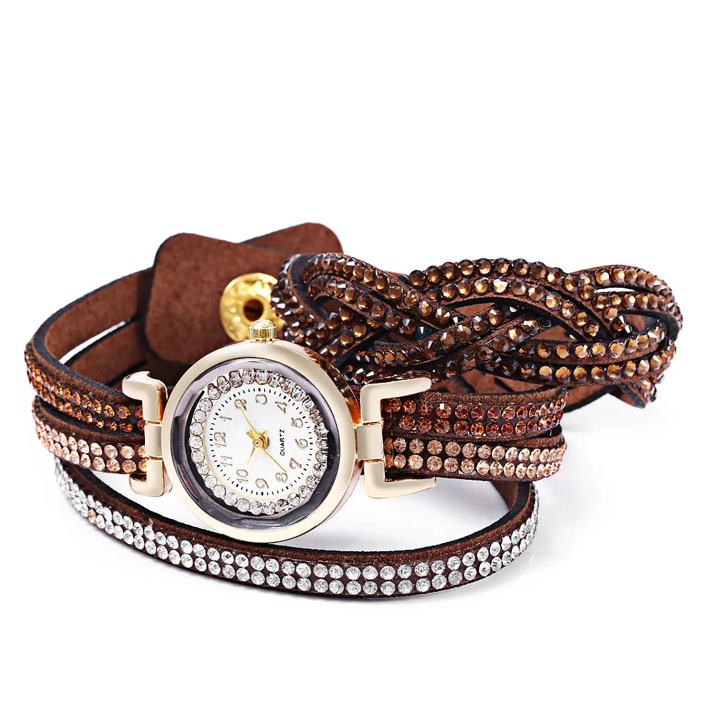 Women Bracelet Quartz Wrist Watch Round Shaped Rhinestone Decorated Fastener Stainless Steel Leather Band