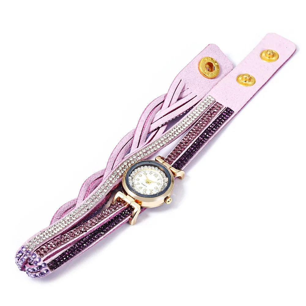 Women Bracelet Quartz Wrist Watch Round Shaped Rhinestone Decorated Fastener Stainless Steel Leather Band
